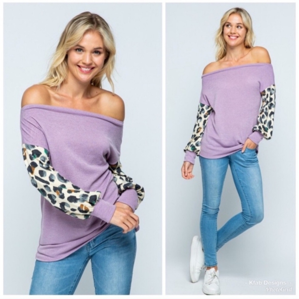twenty second Lilac Off-Shoulder Sweater with Animal Print Sleeves Size Medium - Picture 9 of 12